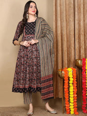 Women Beige Cotton Printed Anarkali Kurta Pant Set