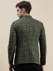 Men Green Printed Casual Blazer-SOBLZ-029-7-Olive