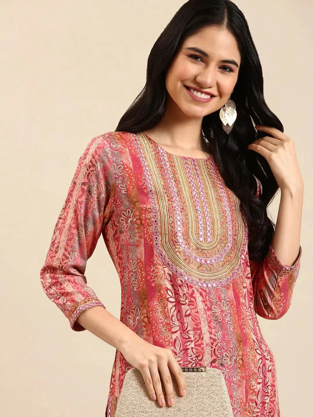 Pink Printed Polyester Kurta | Stylish Indian Kurtis for Women
