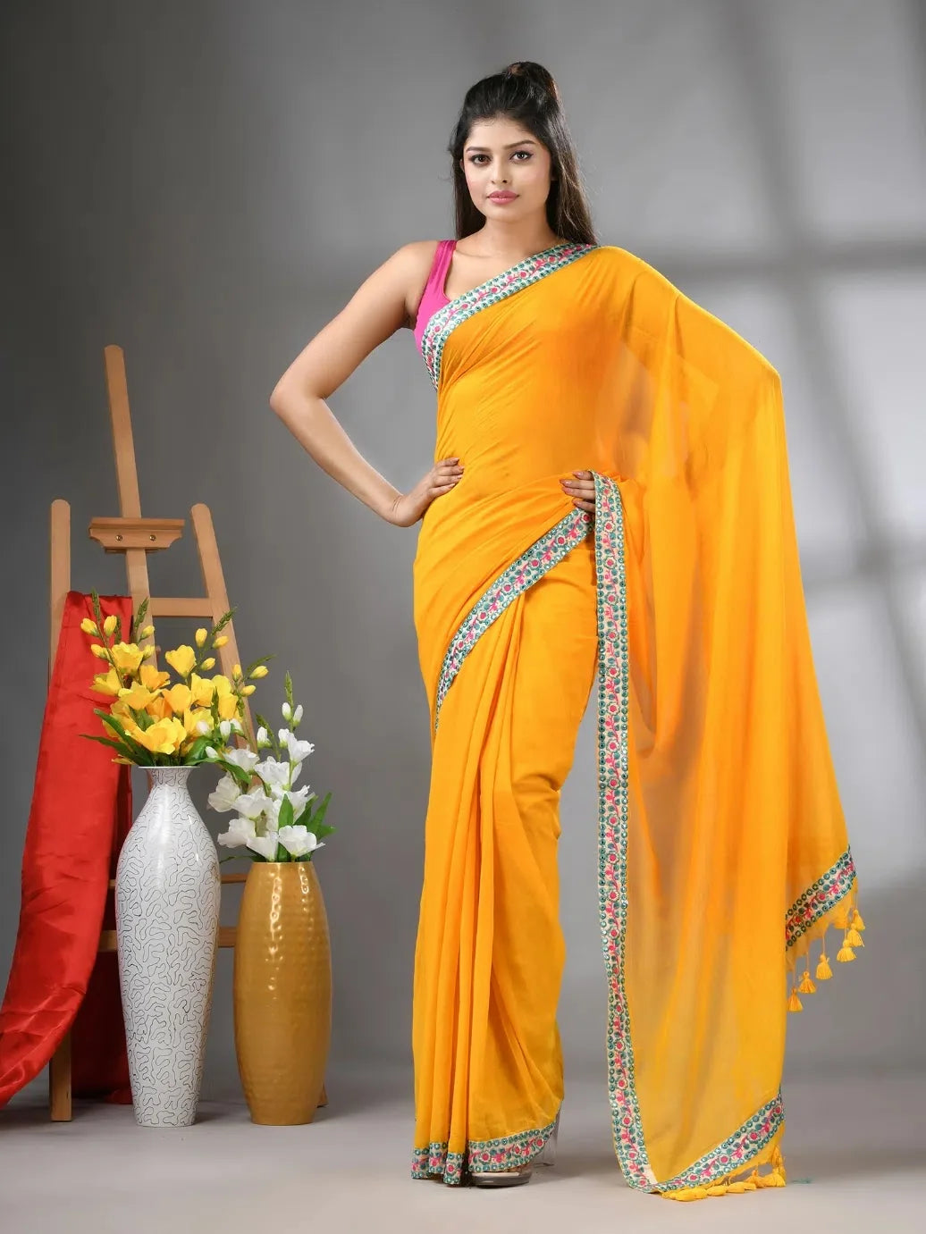 Yellow Cotton Saree with Embroidery | Indian Sari Collection