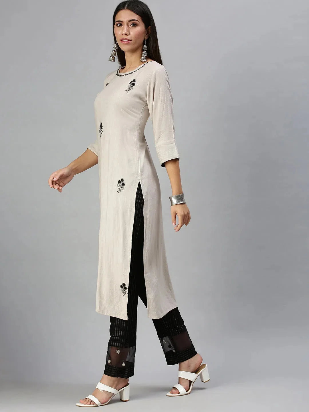 Grey Striped Kurta Sets: Women's Cotton Indian Kurta Sets