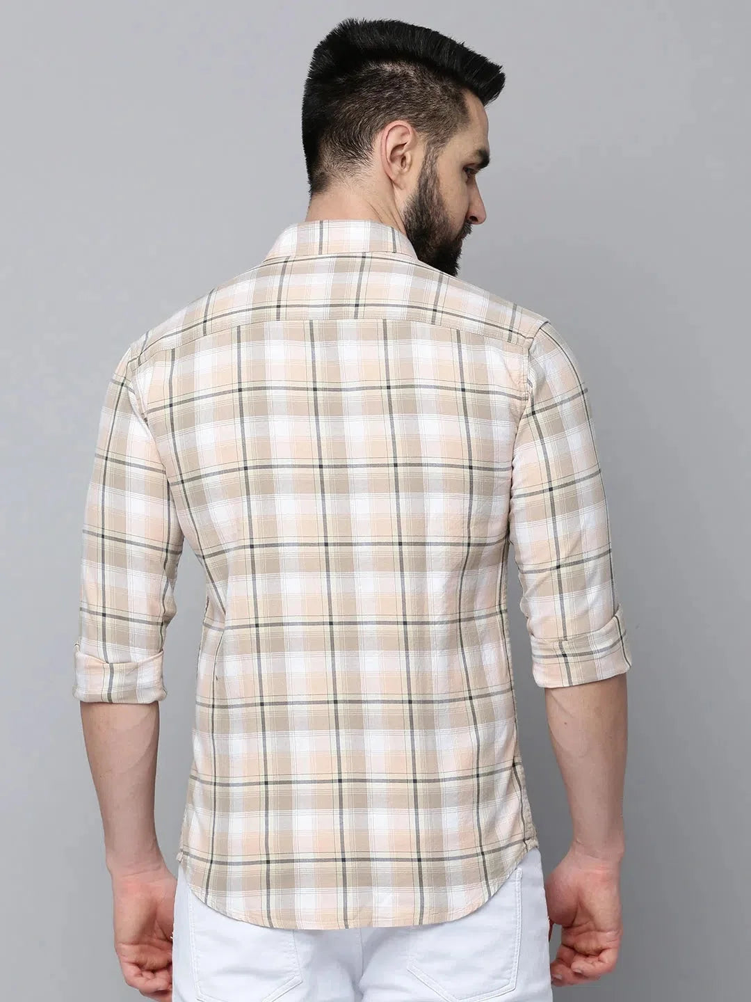 Beige Checked Mens Shirt | Cotton Casual Shirt from DesiQlo