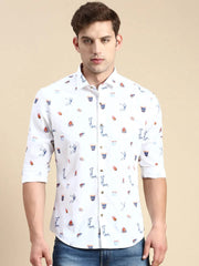 Men White Printed Casual Shirt-GURJANPRINT-5421-White