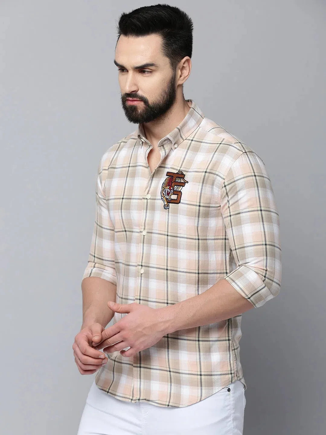 Men's Beige Checked Casual Cotton Shirt - DesiQlo Mens Shirt