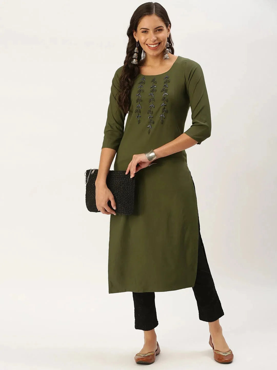 Olive Embellished Cotton Indian Kurta for Women | DesiQlo