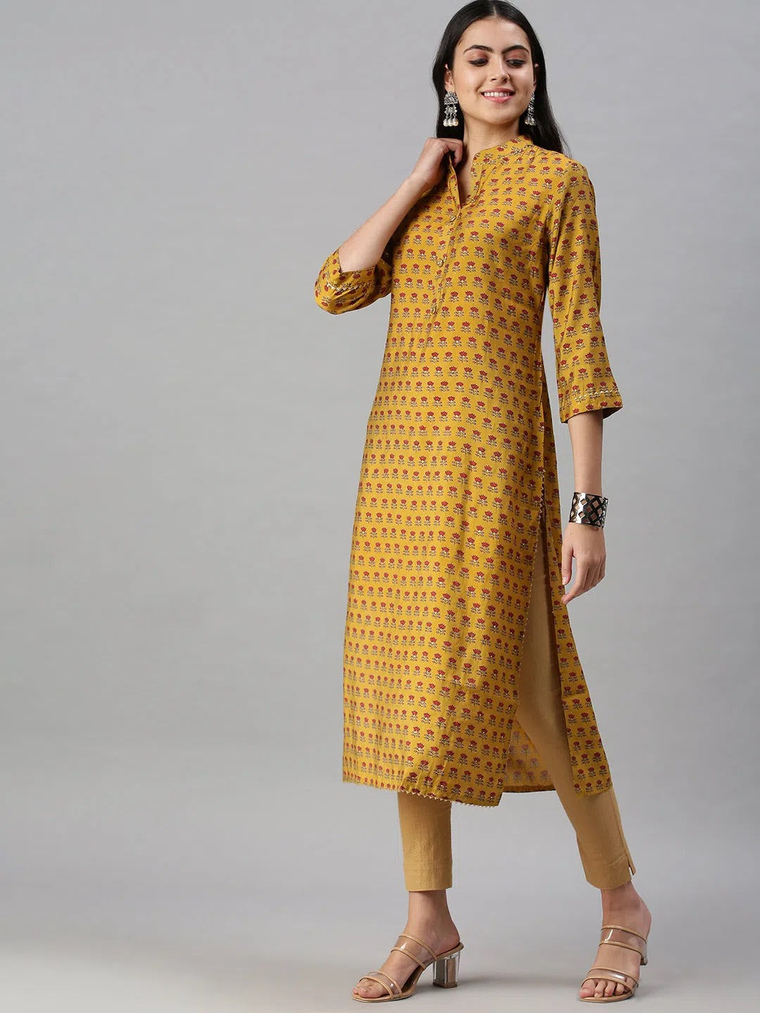 Mustard Printed Cotton Kurta - Indian Kurtas Ladies Fashion