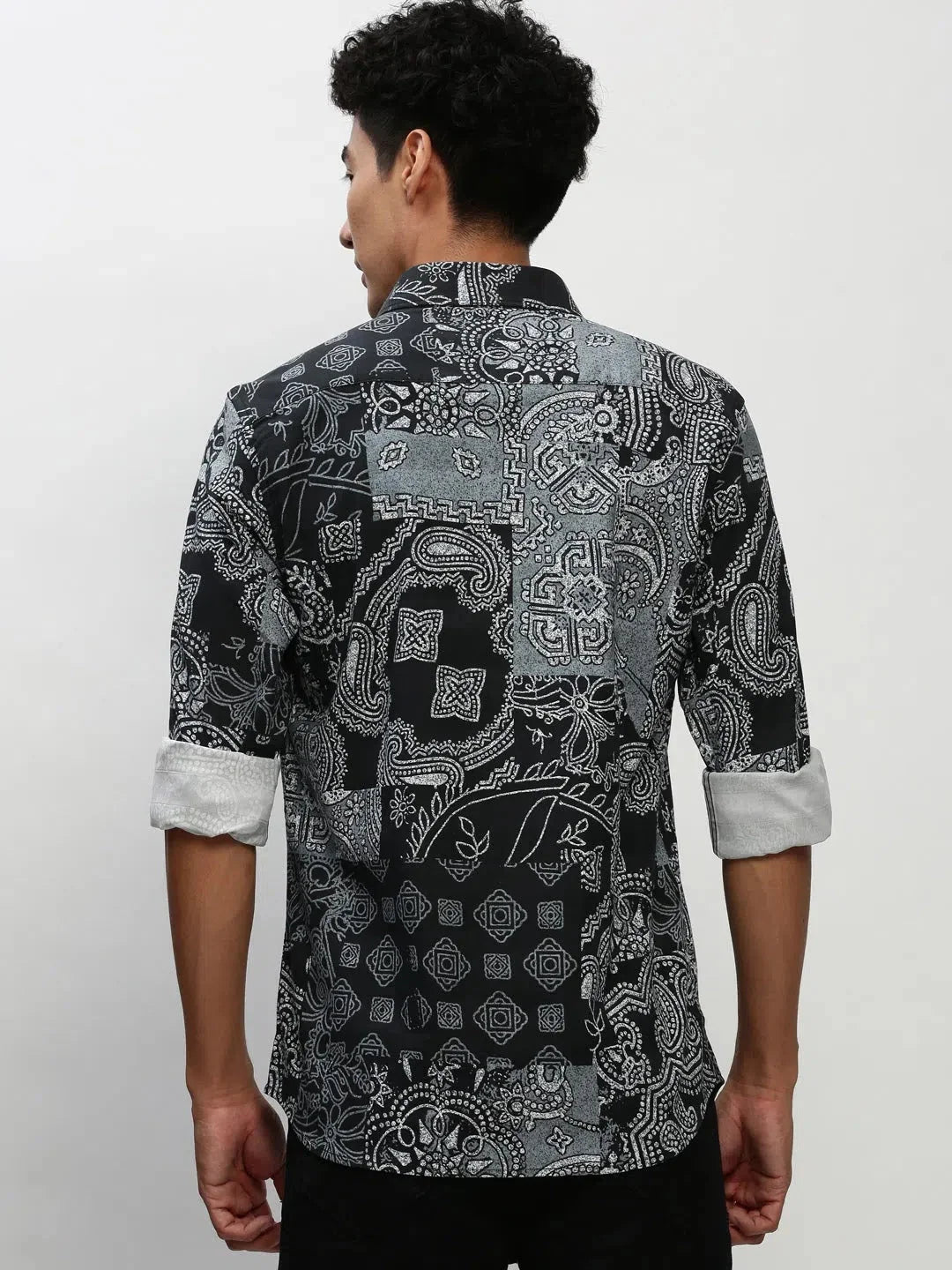 Men's Black Printed Shirt - Ethnic Motif Cotton Casual Shirt