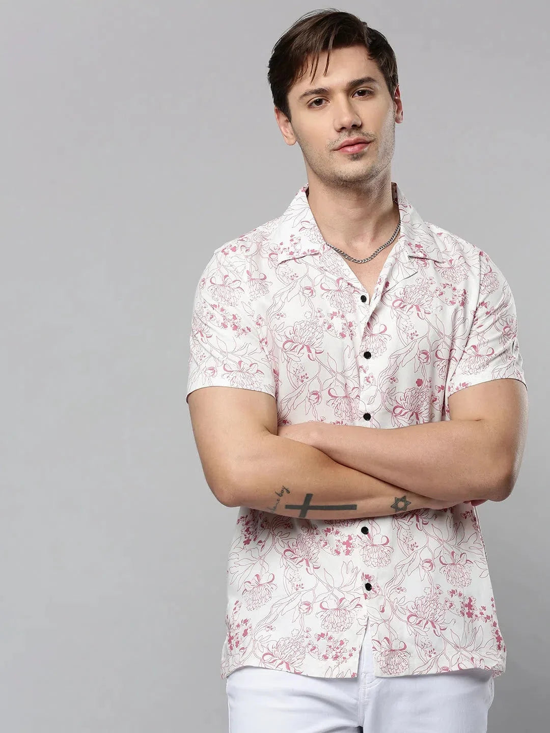 White Printed Mens Shirt - Viscose Beach Shirts