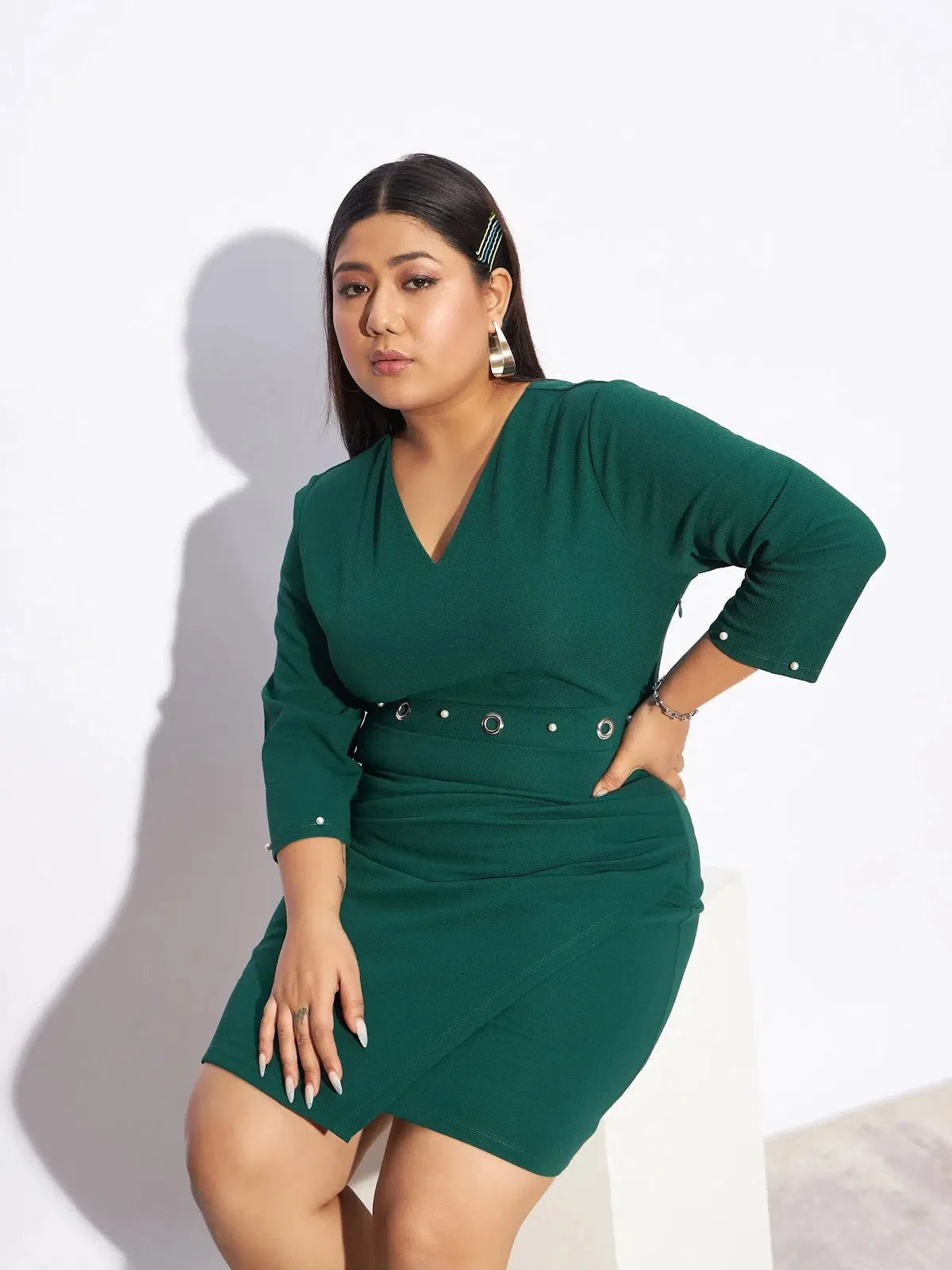 Emerald Green Bodycon Dress | Eyelet Detail | Party Wear Dress