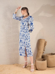 Women Navy Floral Sweetheart Neck Midi Dress