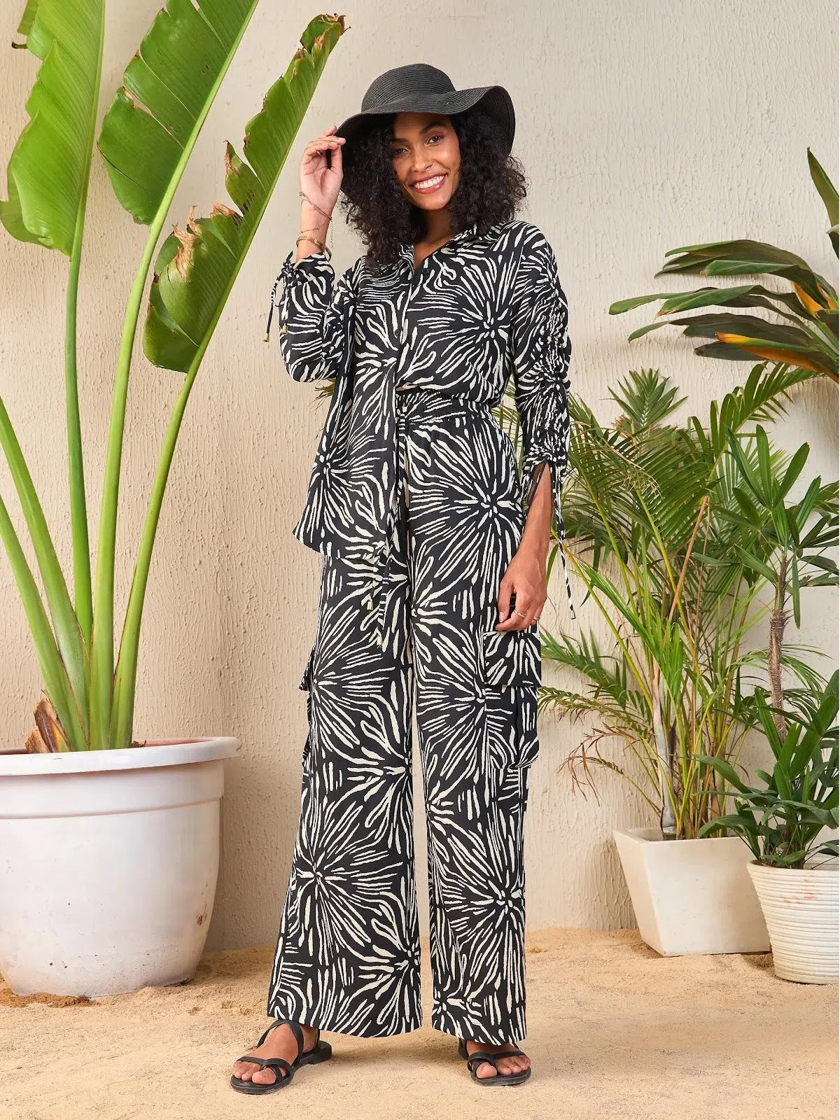Black Abstract Print Co Ord Sets For Women | Cargo Style
