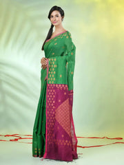 Green Cotton Saree With Zari Borders-MA64BCT401190049
