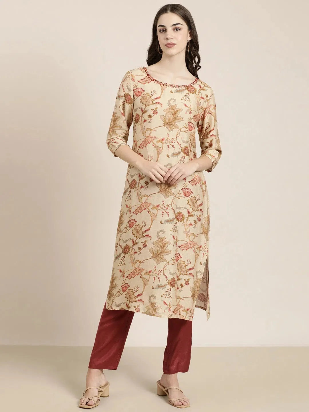 Beige Floral Kurta Set for Women | Indian Kurta Set with Dupatta