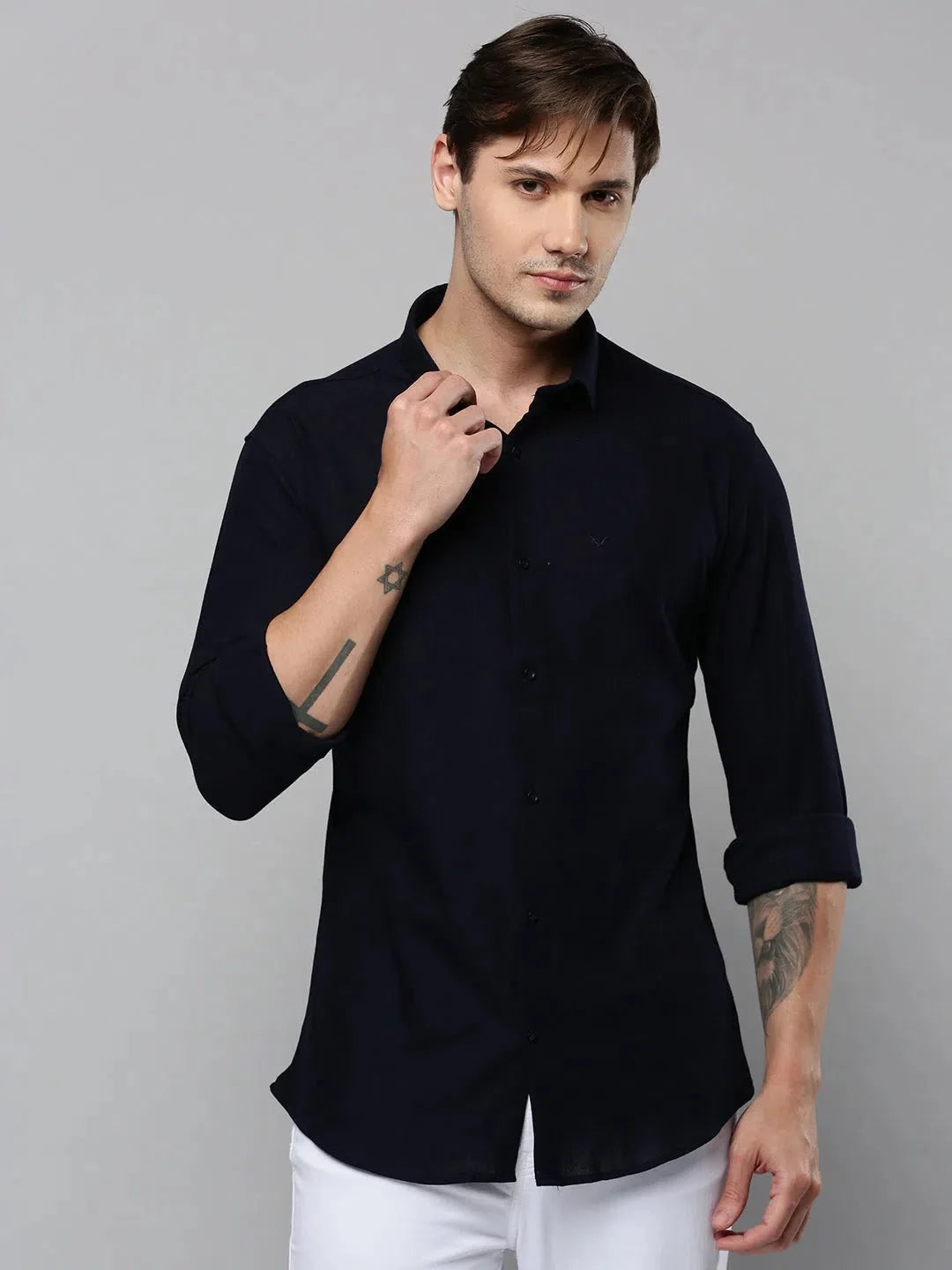 Navy Solid Cotton Mens Shirt | Classic Casual Style