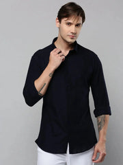 Men Navy Solid Casual Shirt-SAATVIKKNITS-4444-Navyblue
