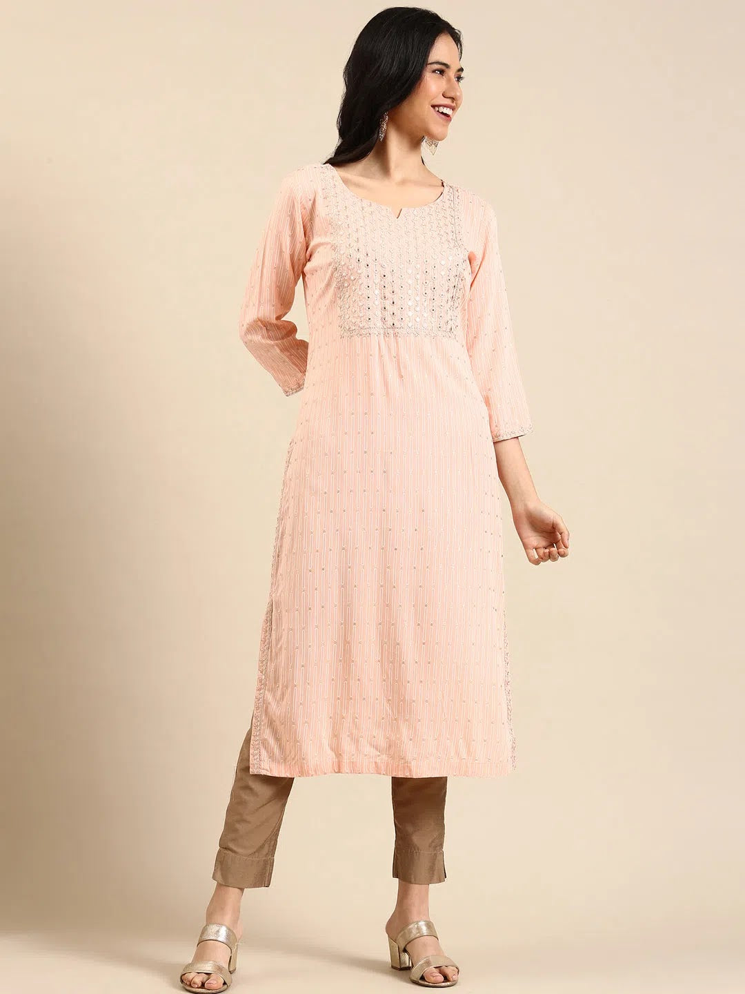 Peach Printed Cotton Kurta - Women's Indian Kurta Designs