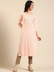 Women's Peach Printed Straight Kurta-AT-A371-K-Peach