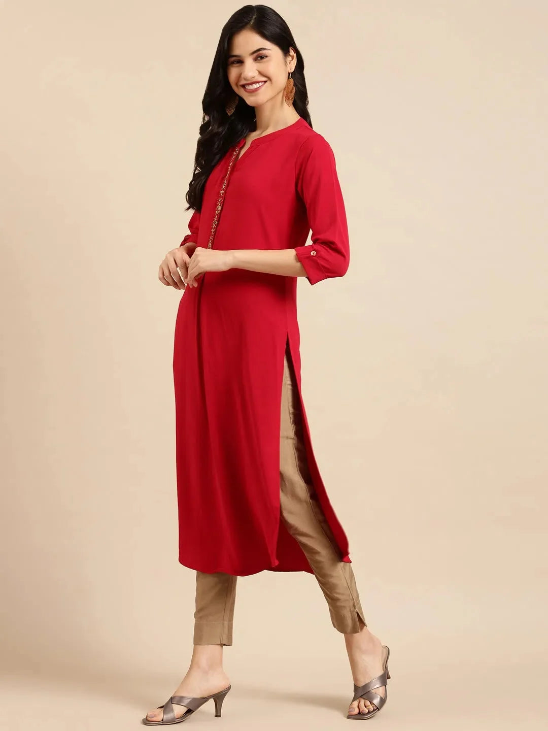 Women's Red Embellished Straight Kurta | Festive Indian Kurtis