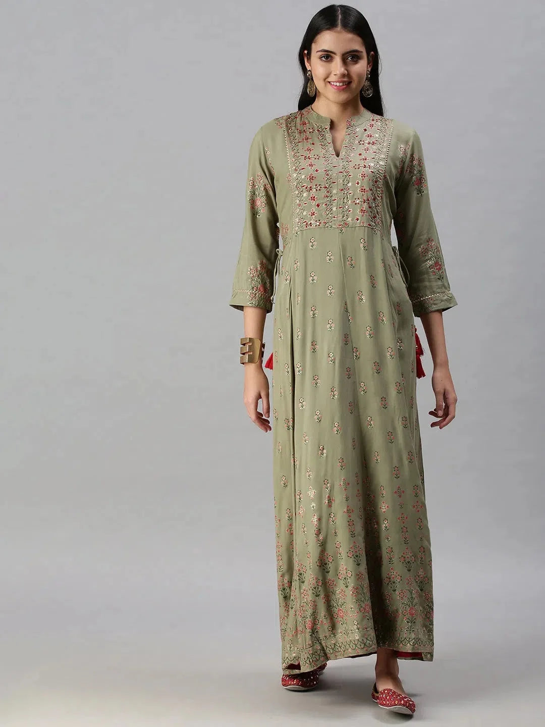 Olive Printed Anarkali Kurta | Cotton Anarkali Kurti for Women