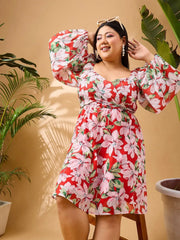 Women Red Floral Sweetheart Neck Skater Dress