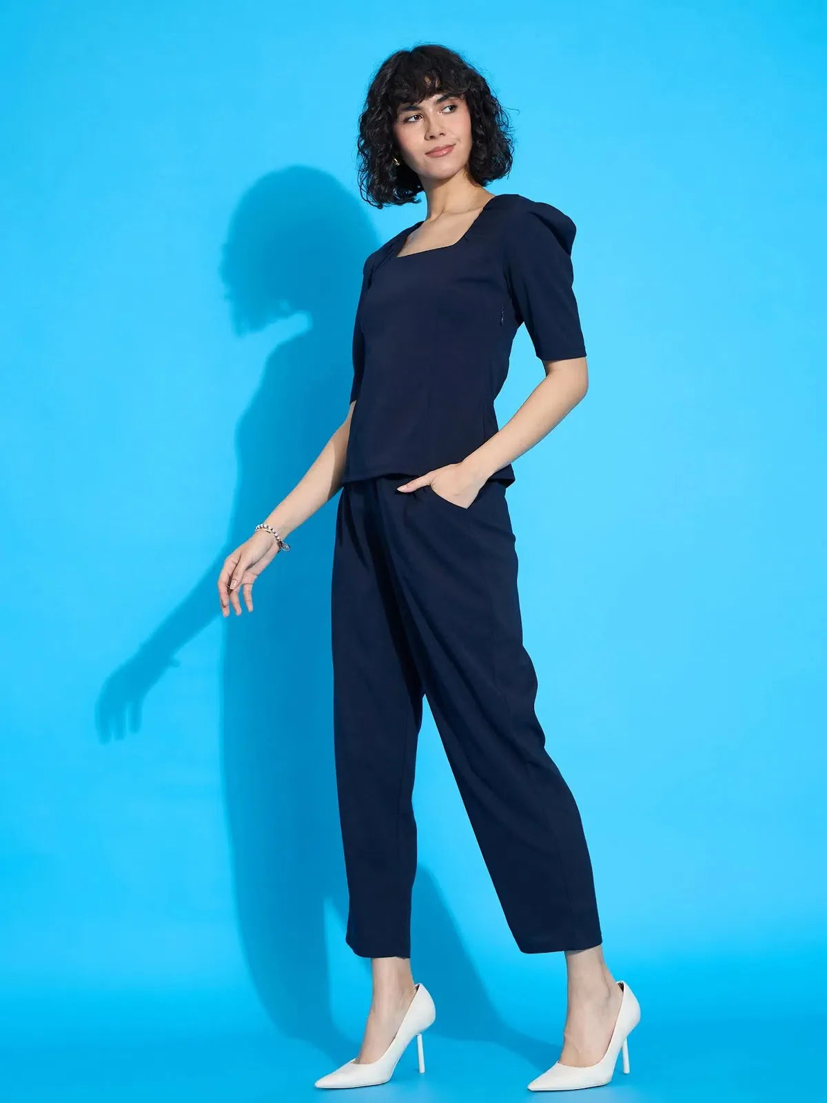 Navy Square Neck Co Ord Sets - Puff Sleeve Two Piece Sets