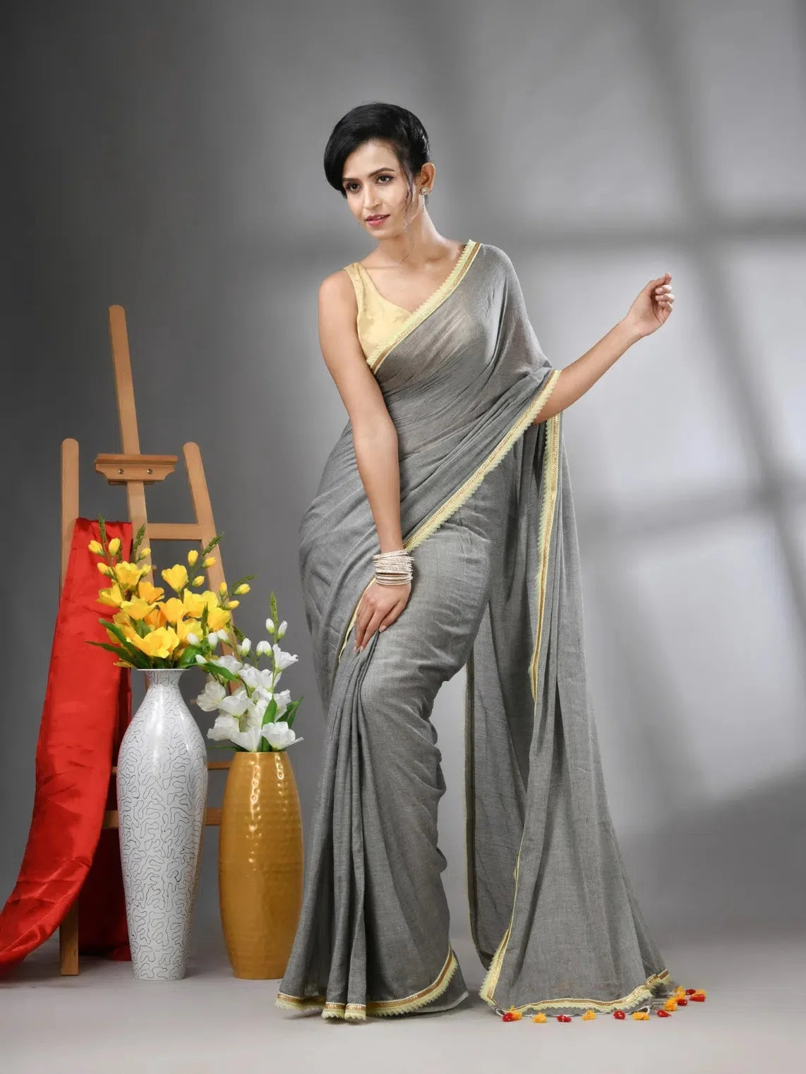 Grey Cotton Saree with Gota Patti - Designer Sarees India