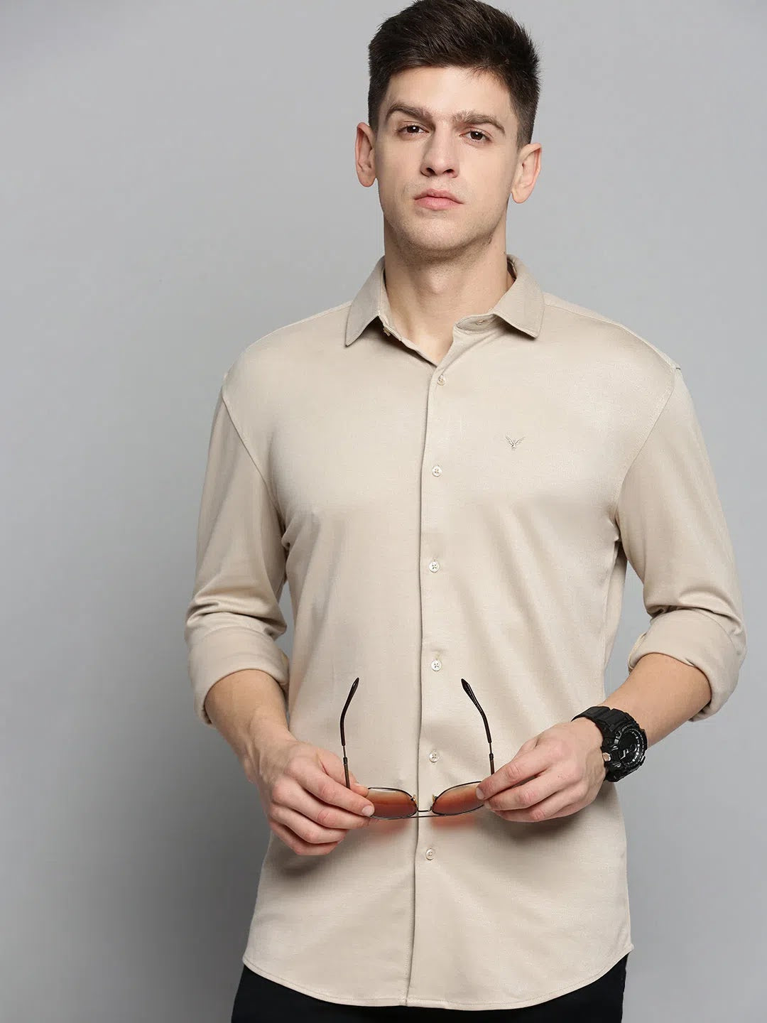 Men Beige Solid Casual Shirt-CARLOKNITS-3227-Tan
