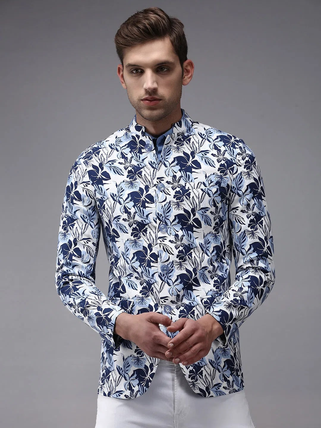 Men's White Printed Blazer - Modern Ethnic Nehru Jacket Style