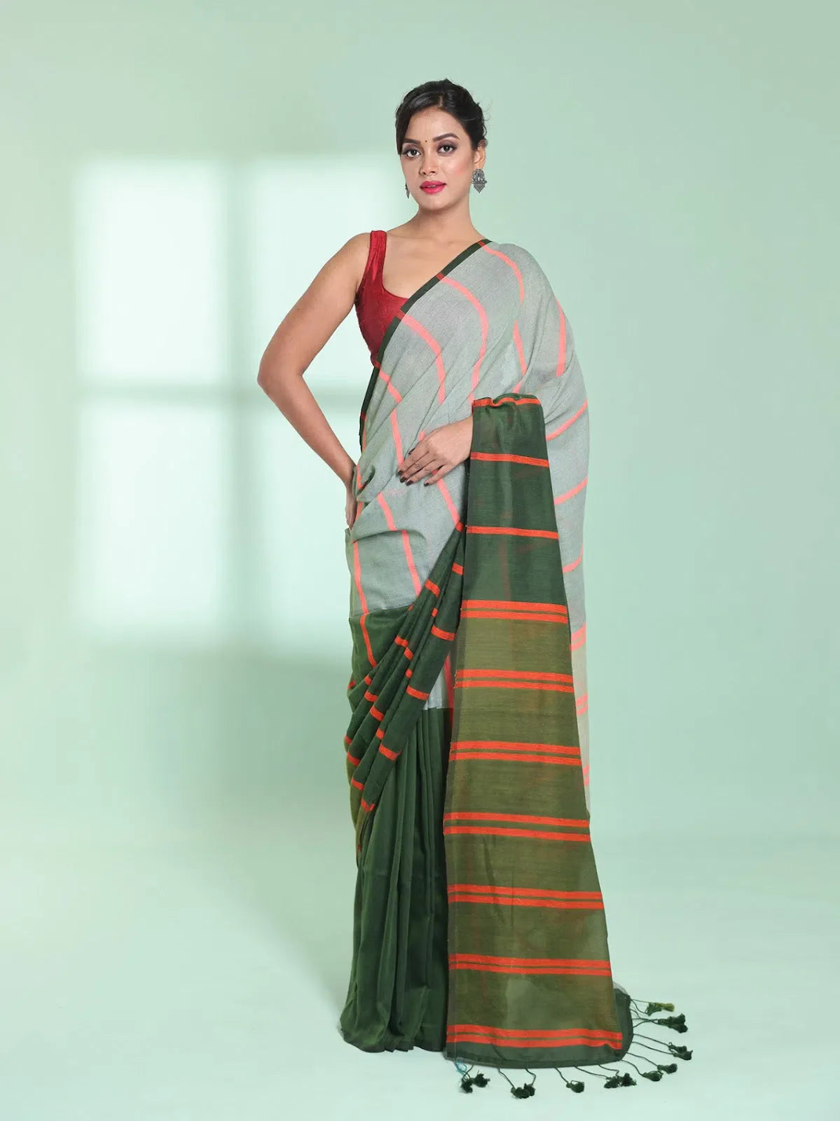 Green Patli Pallu Cotton Saree With Stripes Design-MA59CT06540013