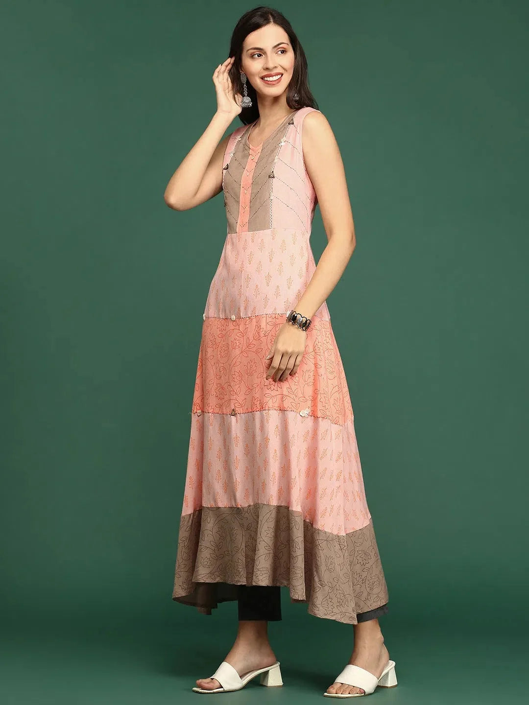 Peach Colorblock Anarkali Kurta - Cotton Anarkali Kurti Online