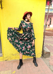 Women Green & Pink Floral Printed Bell Sleeves Floral Anarkali Kurta ( JOK 1405 Green )