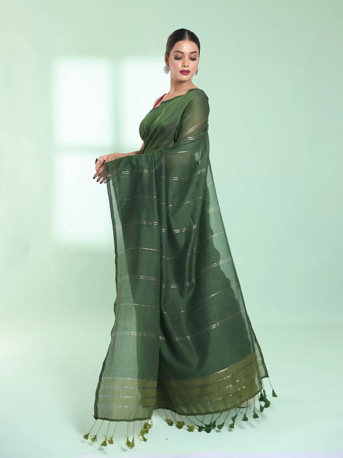 Green Half & Half Cotton Saree With Zari Stripes-MA59CT06540011