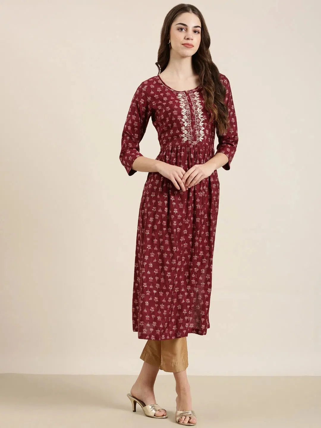 Maroon Floral A-Line Cotton Kurta | Indian Kurtas For Women