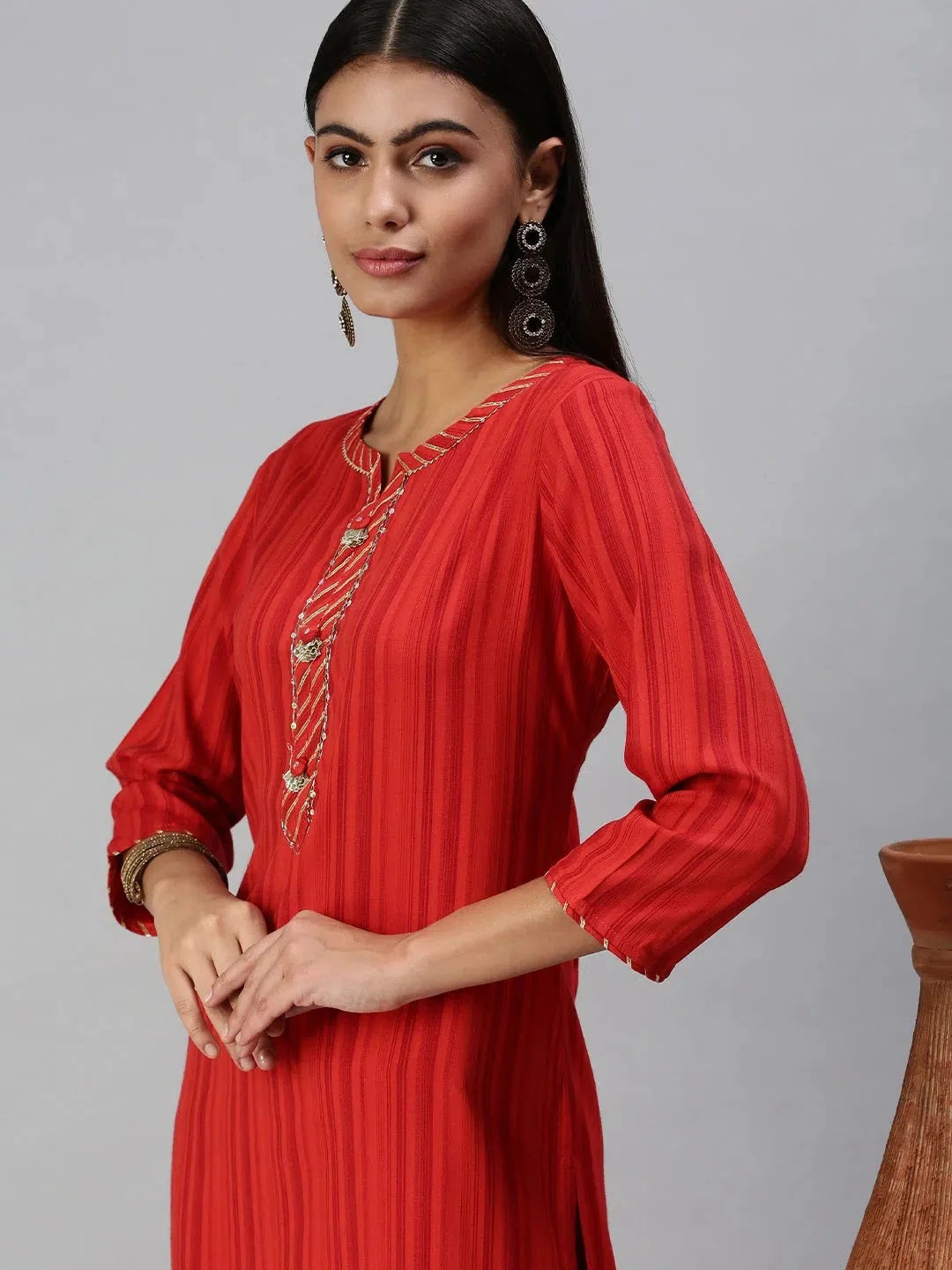 Red Striped Straight Cotton Kurta - Indian Kurtas for Women