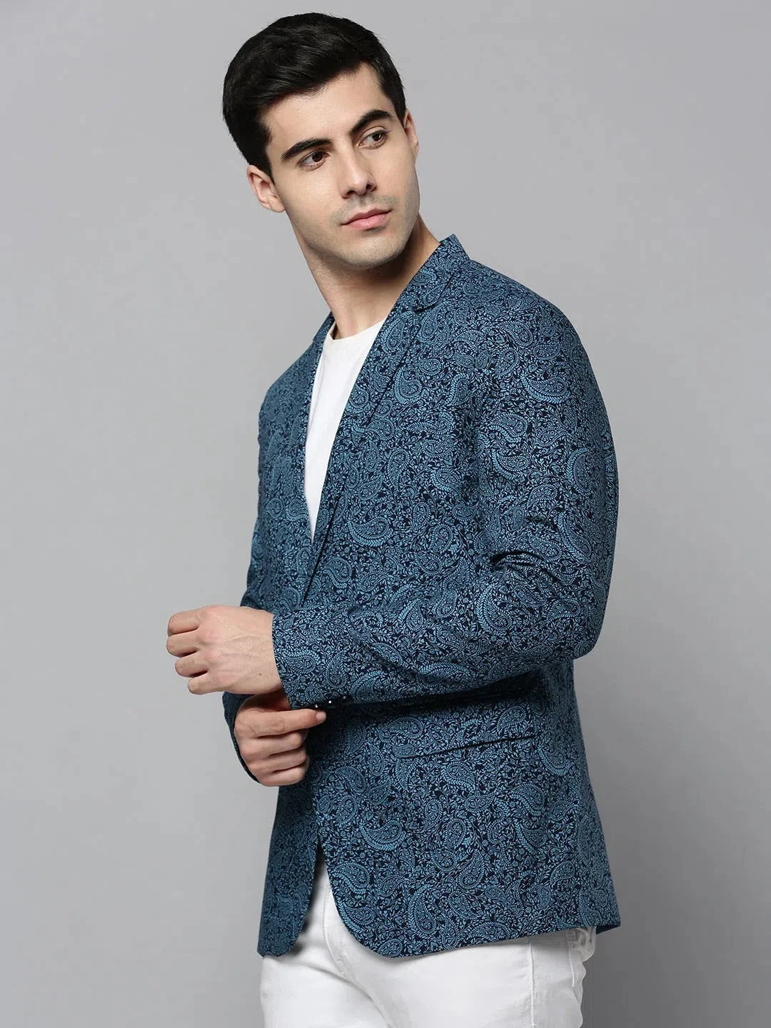 Blue Printed Cotton Blazer | Stylish Men's Ethnic Nehru Jacket