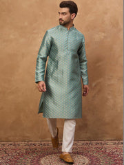 Ethnic Bay Men Blue Silk Blend Solid Woven Design Straight Kurta With Pant Set-MKSET1457