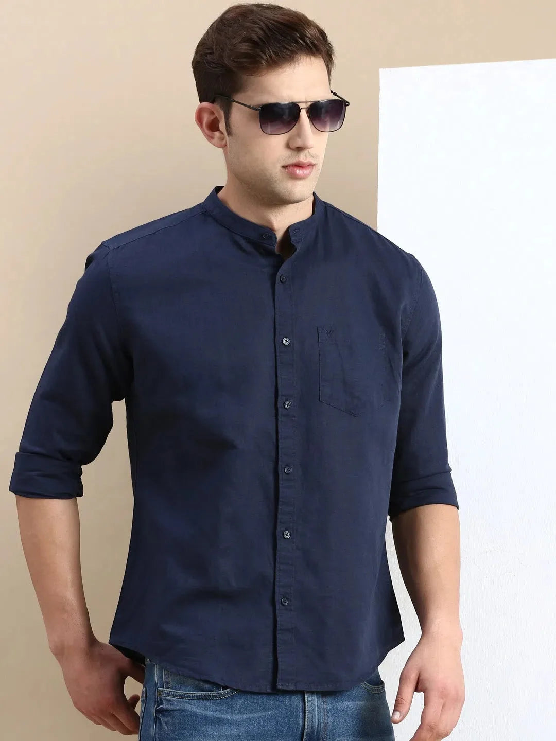 Men Navy Solid Casual Shirt-ASALINEN-4925-Navyblue