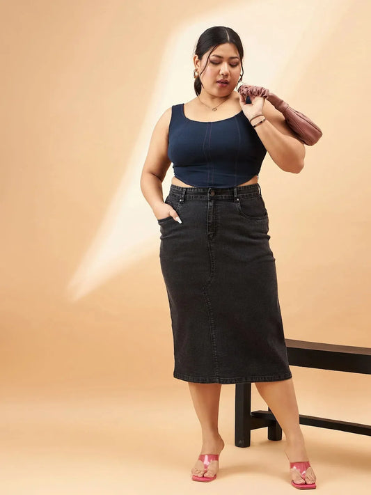 Women Black Denim Acid Wash A-Line Skirt 1200