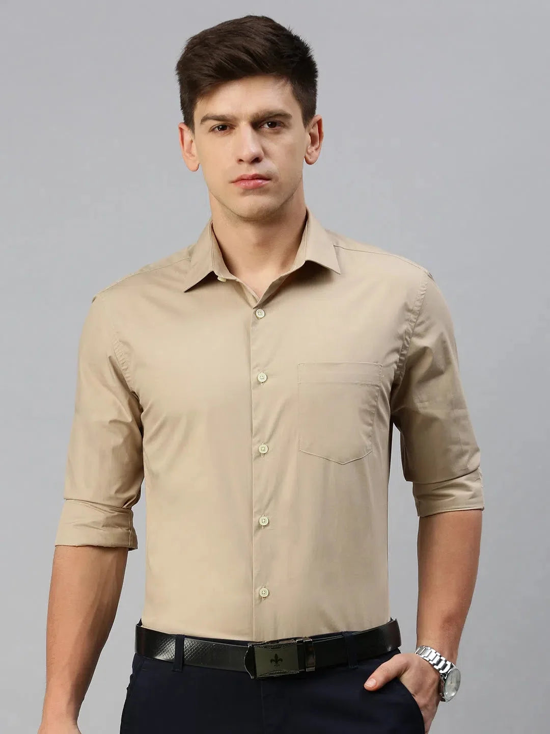 Men's Khaki Formal Shirt | Solid Cotton Dress Shirt