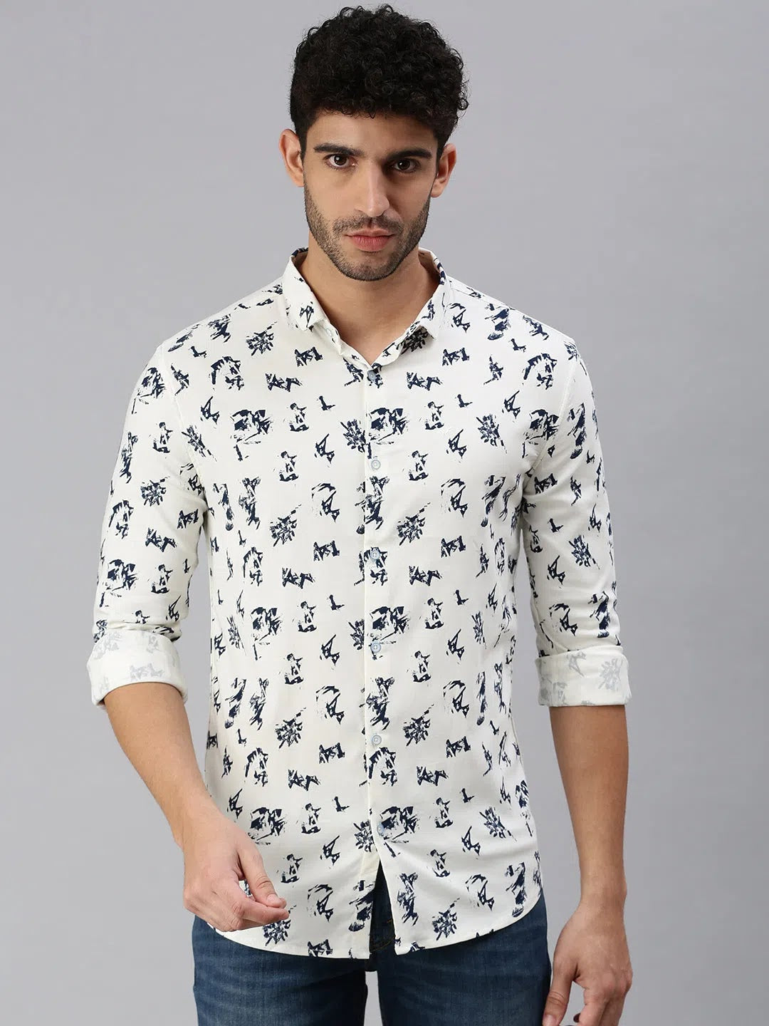 Cream Printed Cotton Mens Shirt | Casual Shirt for Men Online