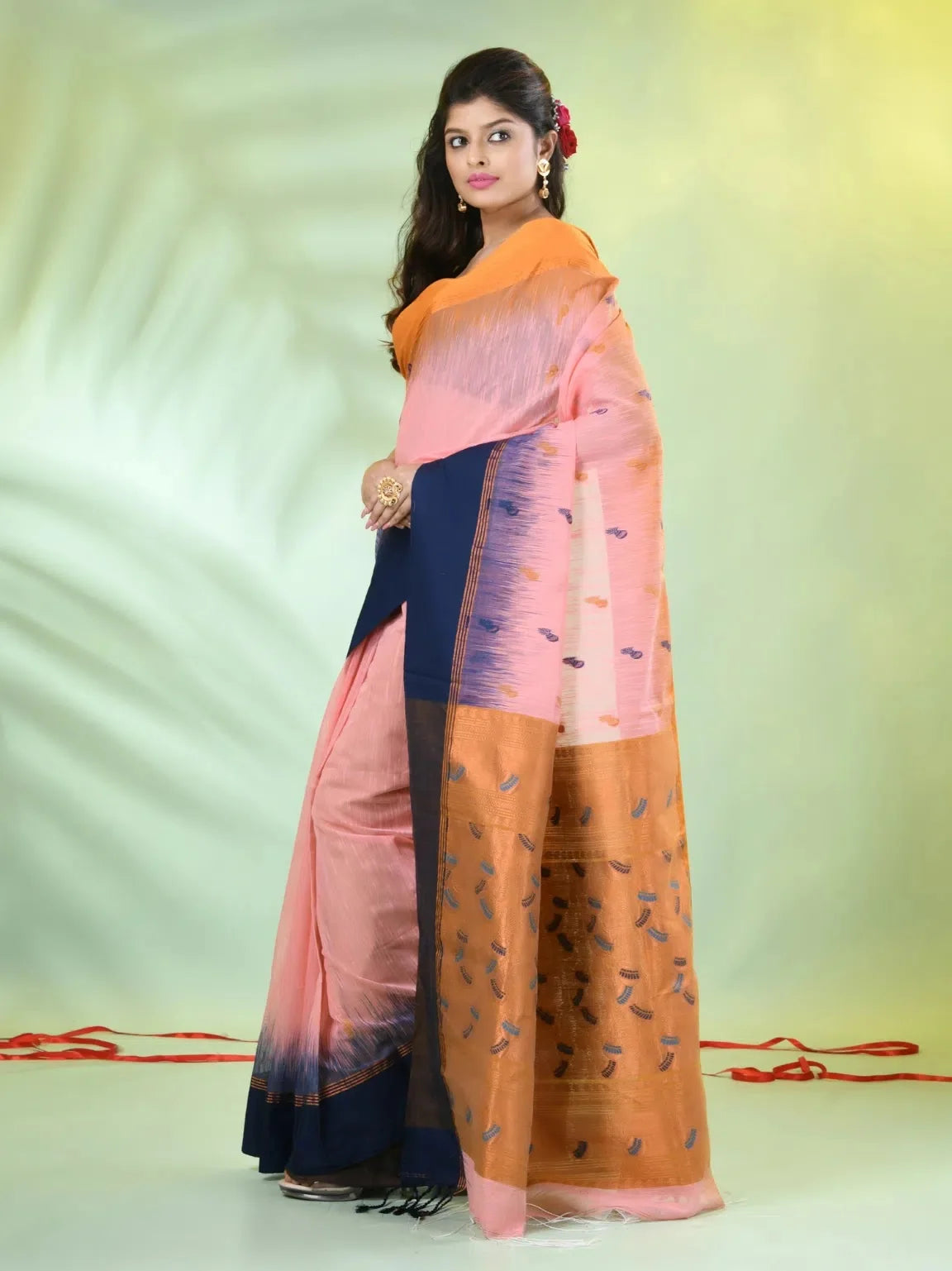 Peach Ikat Cotton Saree | Indian Sari with Ganga Jamuna Border
