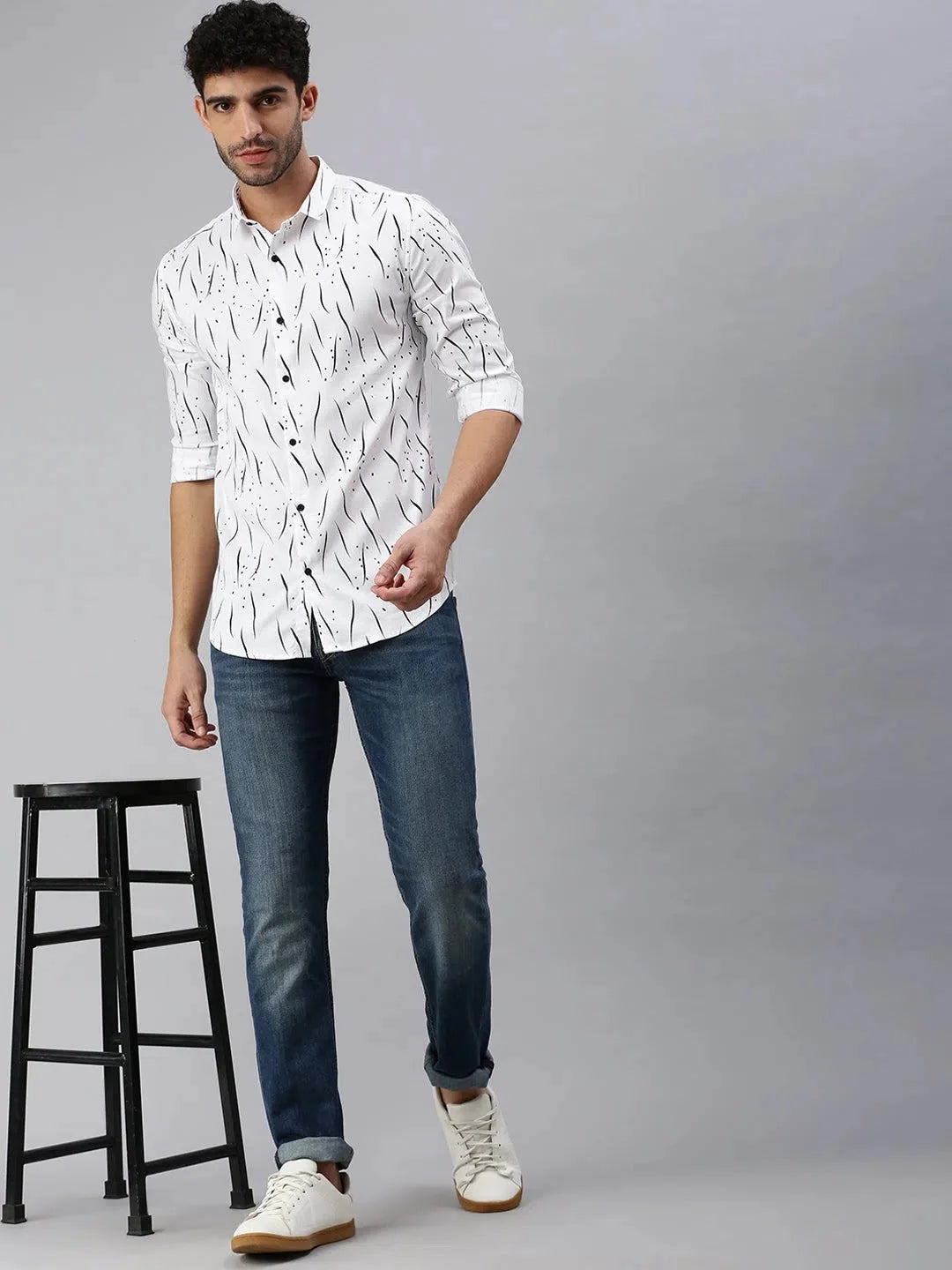 White Printed Cotton Shirt for Men | Casual Printed Mens Shirt