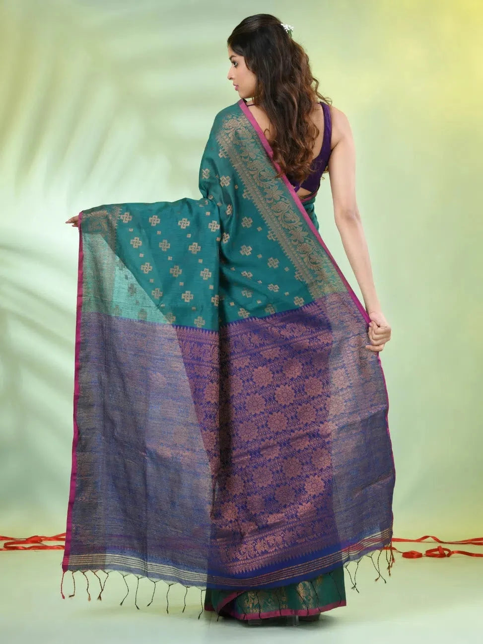 Teal Cotton Saree: Zari Border - Designer Sarees India