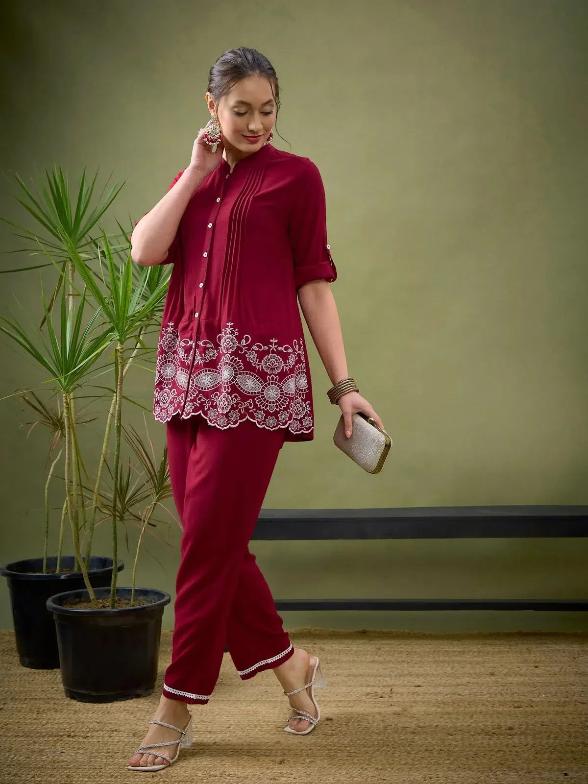 Maroon Embroidered Indian Suit Set with Palazzos | Women