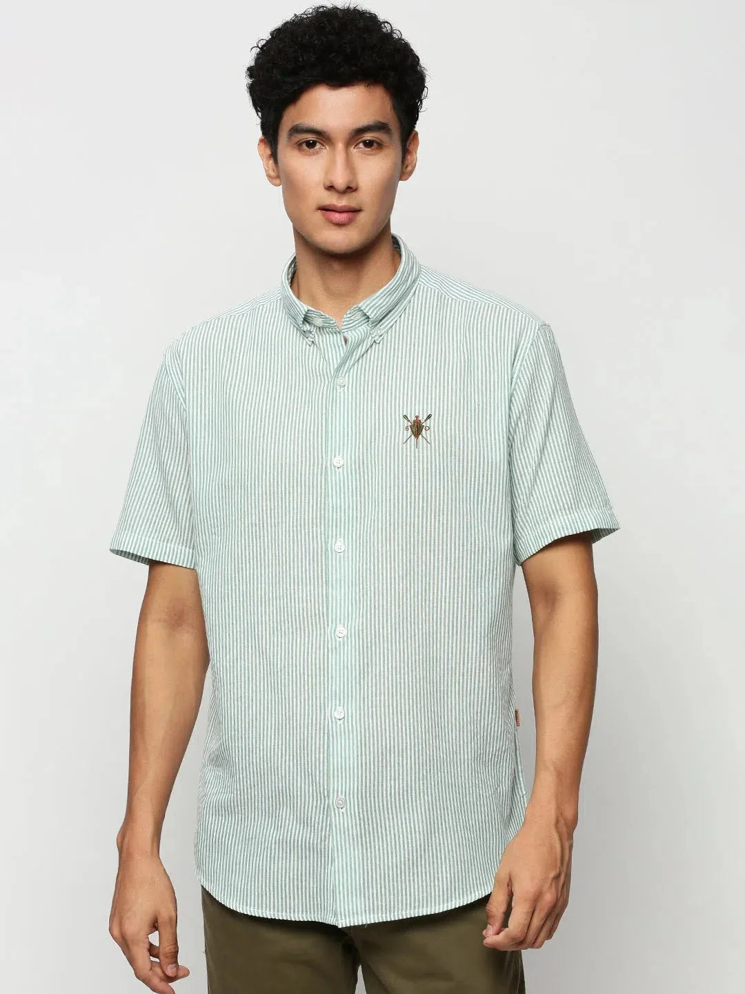 Green Striped Mens Cotton Shirt - Casual Shirts by DesiQlo