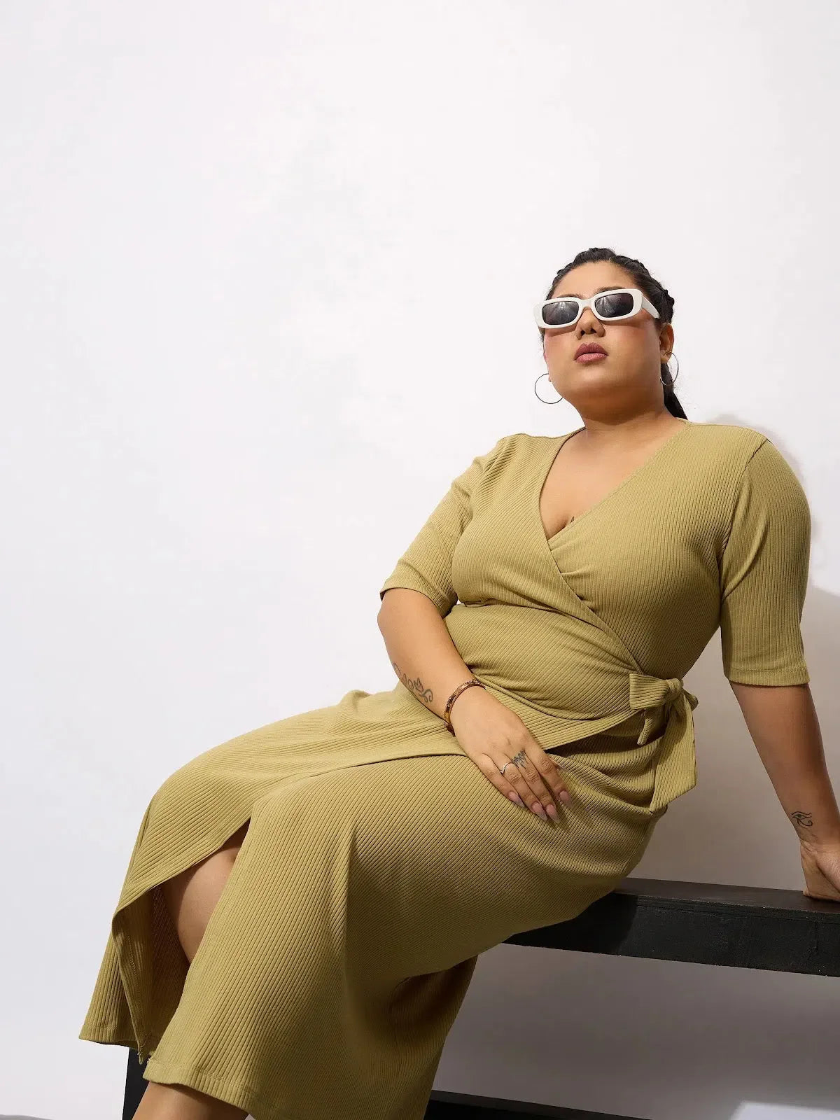 Khaki Rib Wrap Bodycon Midi Dress | Women's Western Outfits