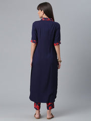 Navy Blue Solid Rayon Kurta with Printed Pant Set-AHKUPN-COMBO-363