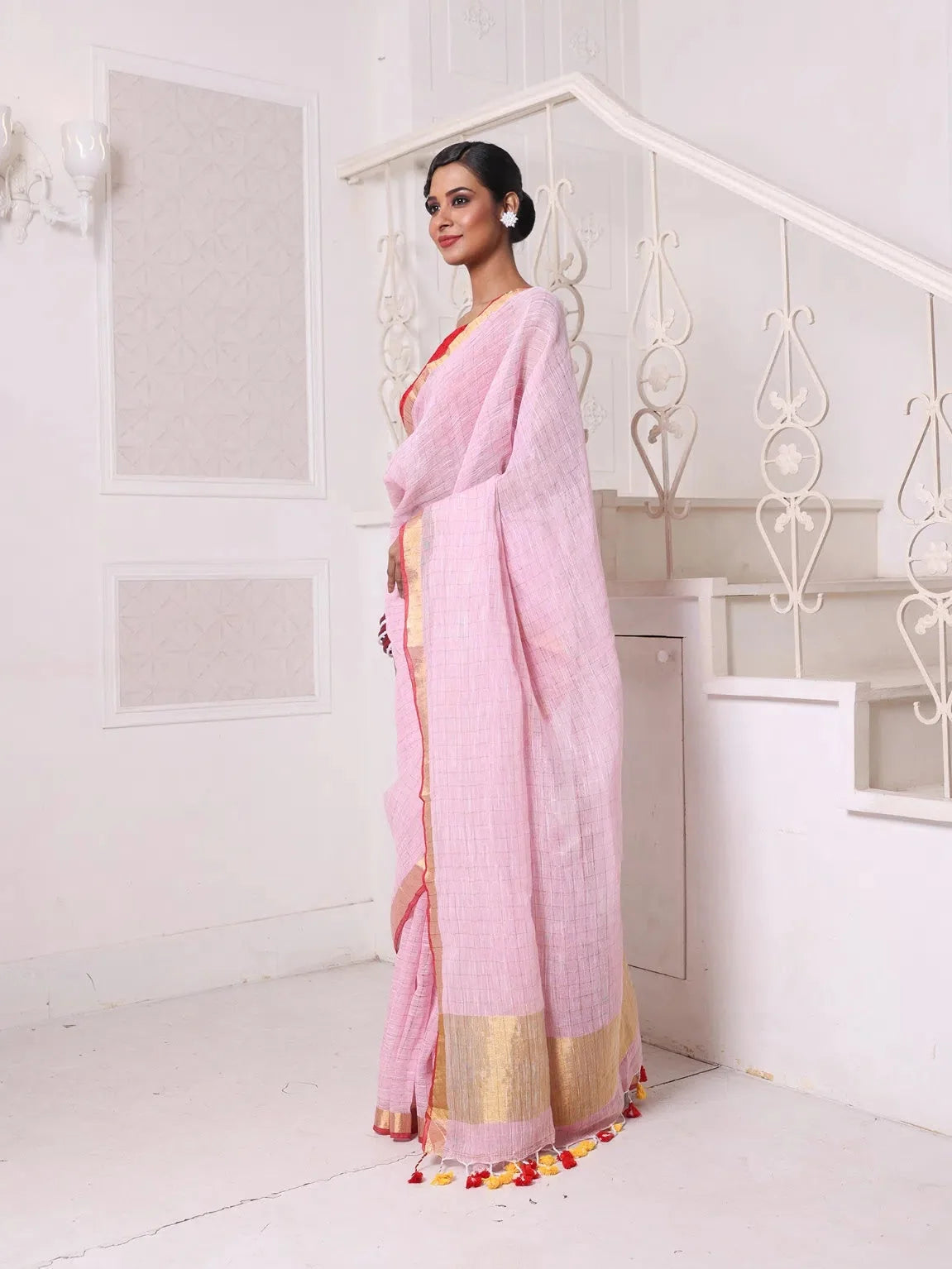 Pink Linen Check Saree | Indian Sarees with Zari Border