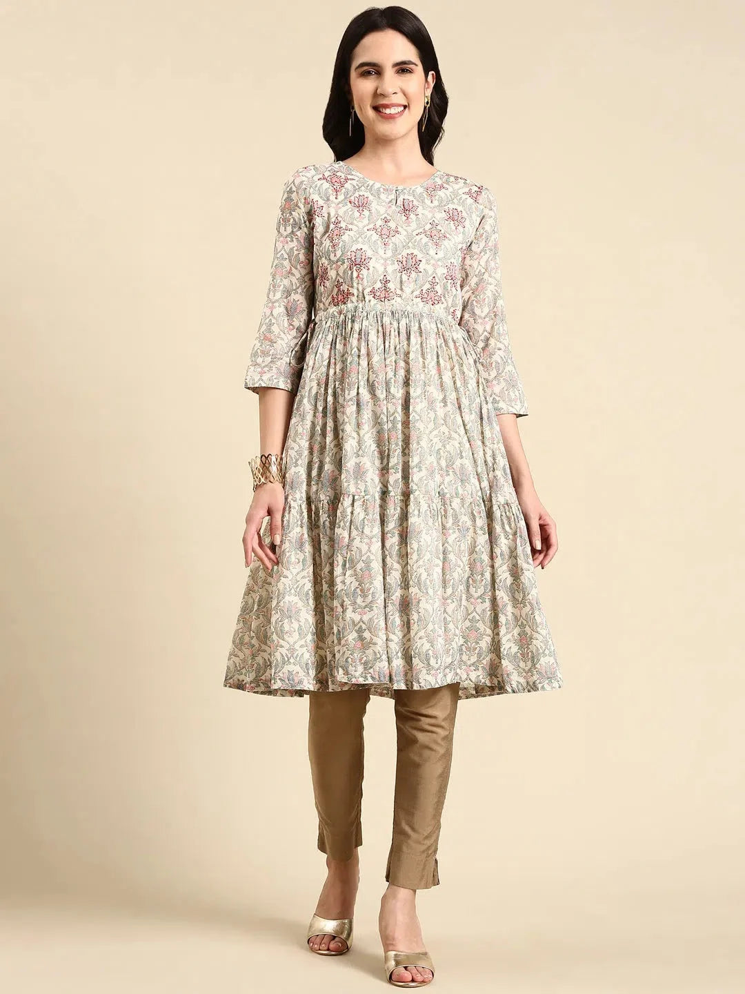 Cream Printed Cotton Anarkali Kurta - DesiQlo Anarkali Kurti