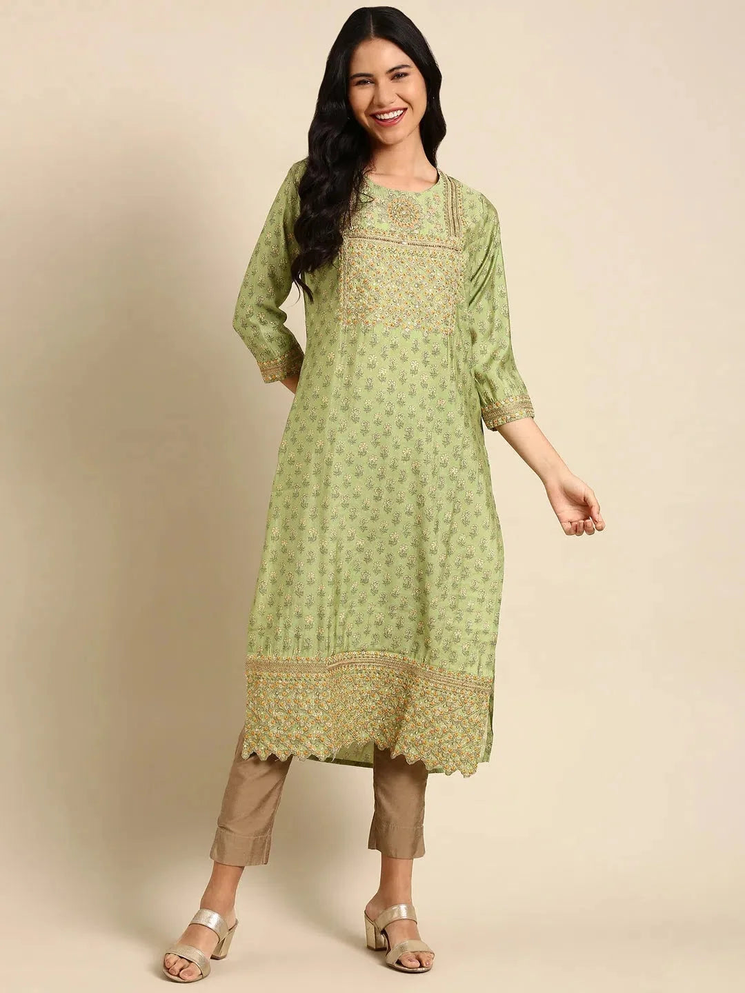 Green Embroidered Kurta - Stylish Indian Kurta Ladies Fashion